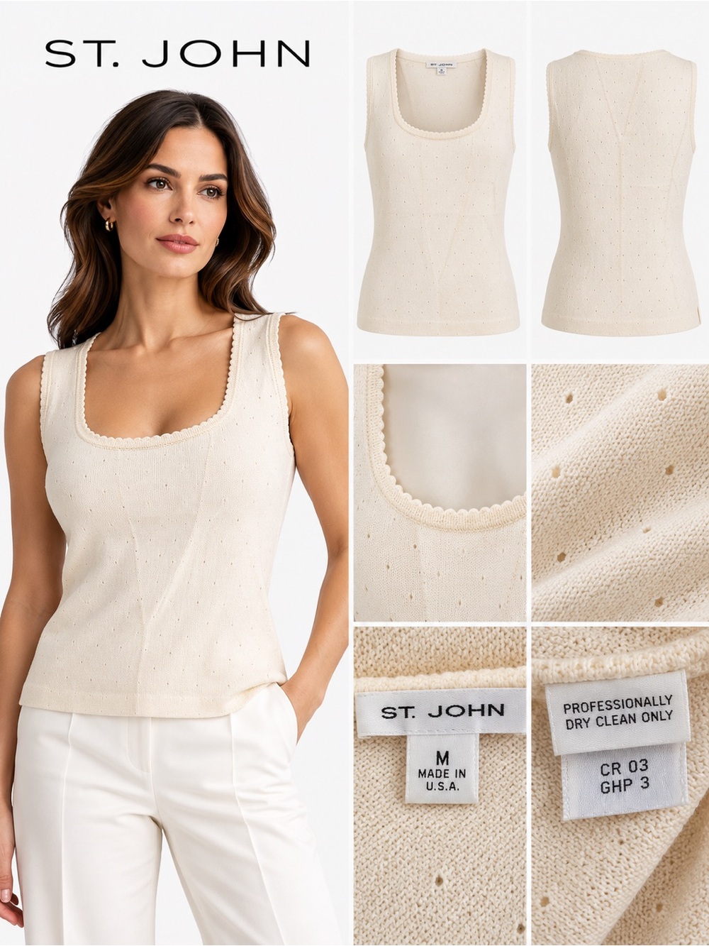 St. John Ivory Pointelle Knit Sleeveless Tank Top Shell M USA